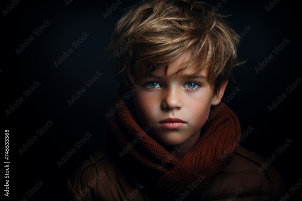 Portrait of a boy in a warm coat and scarf. Studio shot. Portrait of a boy in a warm coat and scarf. Studio shot.