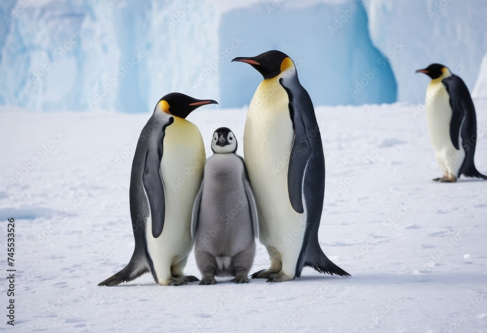 Fototapeta premium A view of a cute Emperor Penguin couple with a small offspring