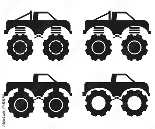 Set of monster pickup truck, heavy vehicle side view silhouette