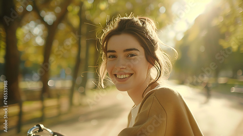 Uma jovem mulher sorrindo enquanto dirige com árvores desfocadas ao fundo em fotografia de close com lente 50mm photo