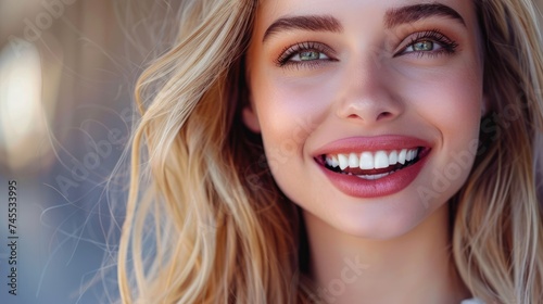 Beautiful happy young smiling blonde woman with healthy white teeth. AI Generated