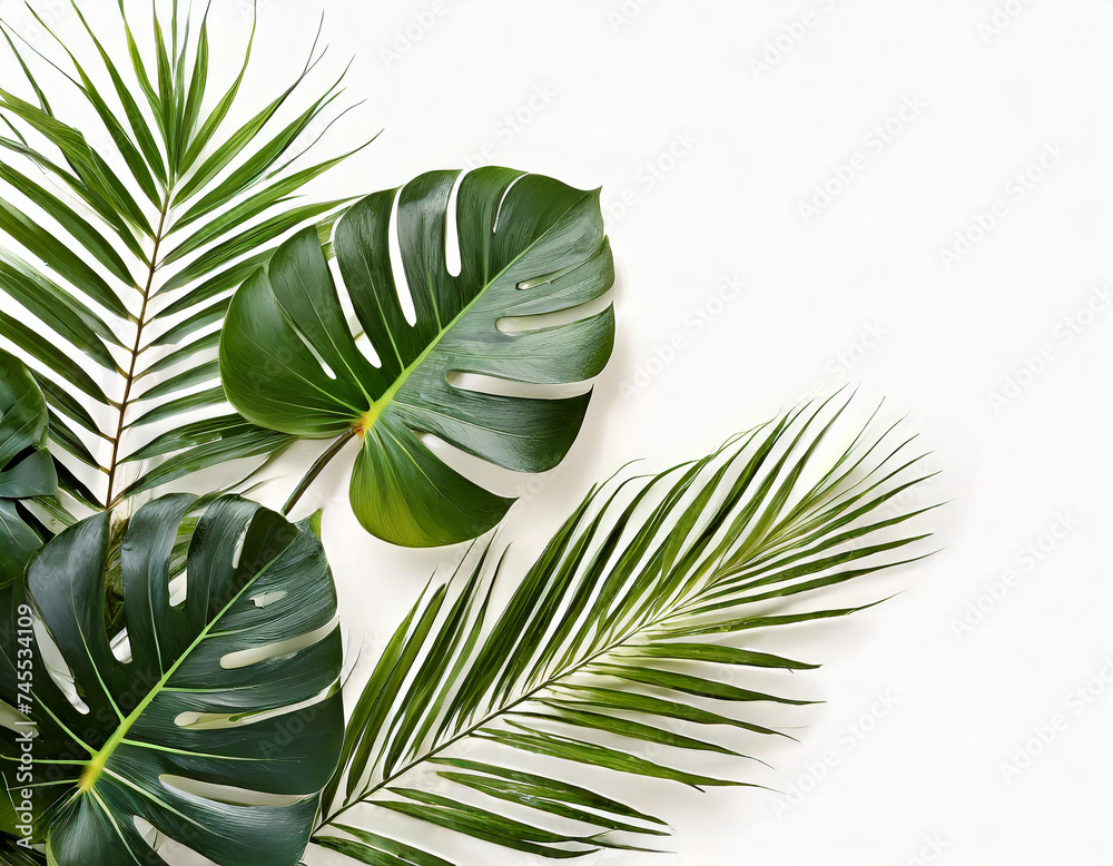 Fototapeta premium Beautiful green palm and monstera leaves with copy space on white background. Natural floral