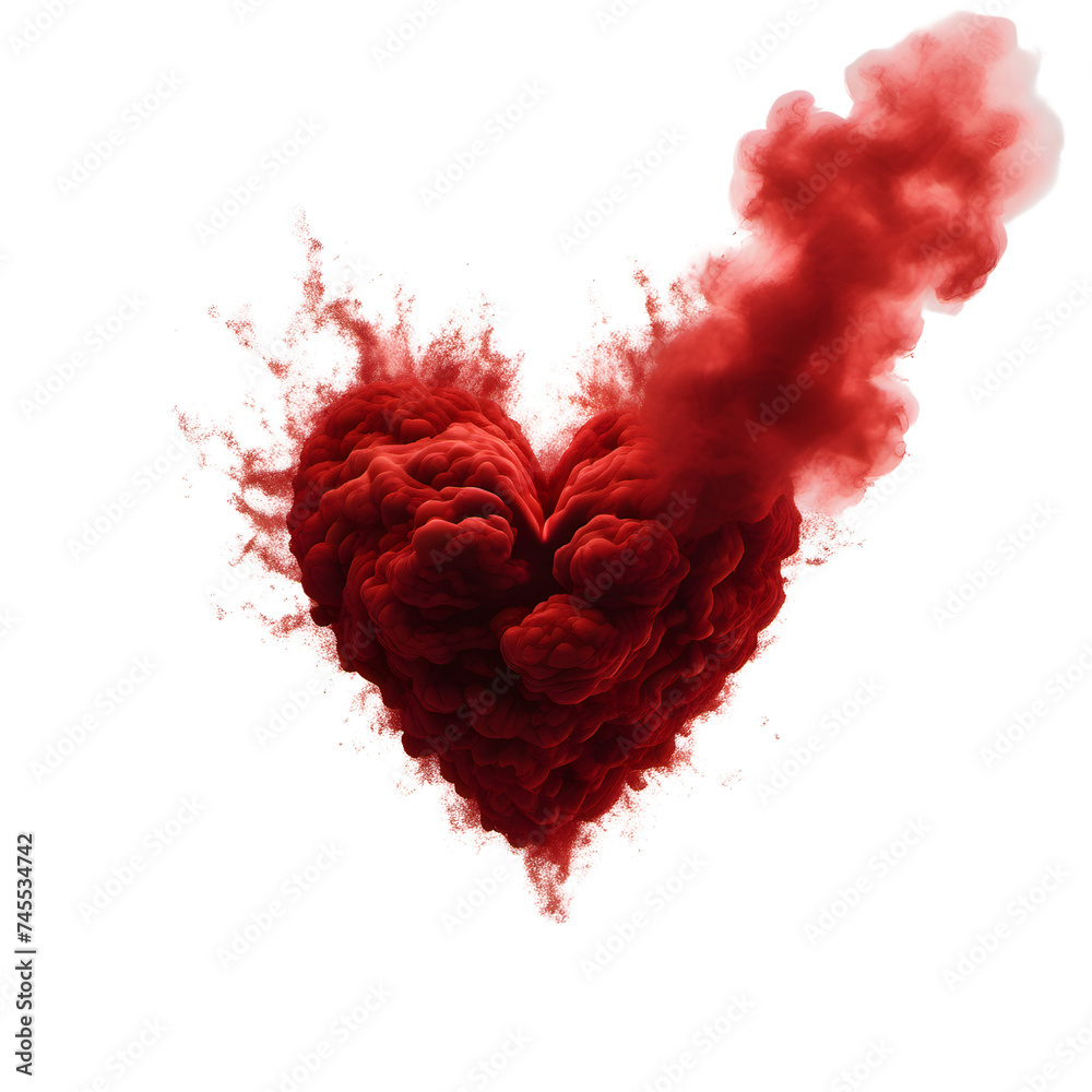Isolated heart shape soft cloud. Red heart shaped smoke on a transparent background. A heart shape explosion