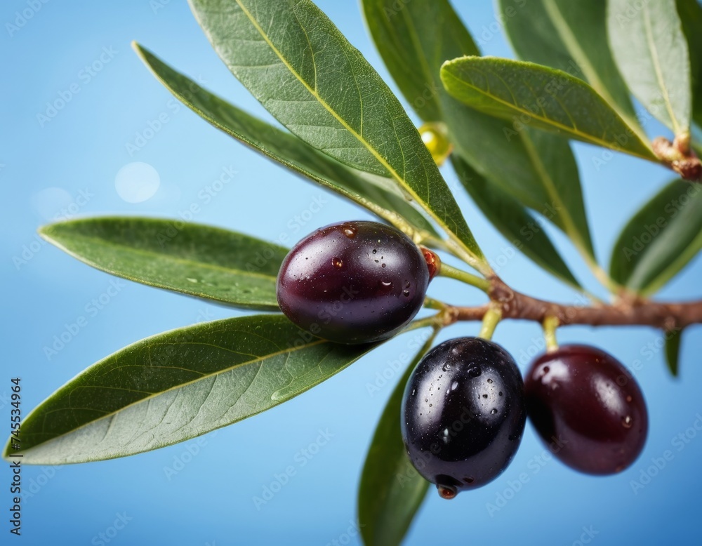 Branch of black olive with leaves and oil drop Branch of black olive with leaves and oil drop
