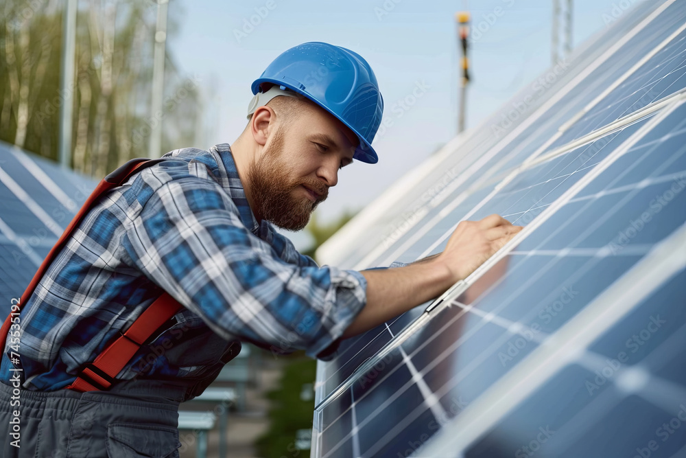 Bearded engineer touching solar panel Bearded engineer touching solar panel