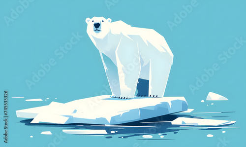 White polar bear stands on paws on ice floe. flat cartoon illustration  Generative AI