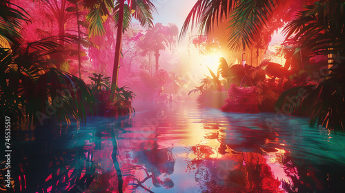 A surreal scene of a vibrant, pink-lit jungle with lush greenery and mirrored reflections on calm water at sunrise or sunset, Vibrant Jungle Reflections in Surreal Pink Light © ruslee
