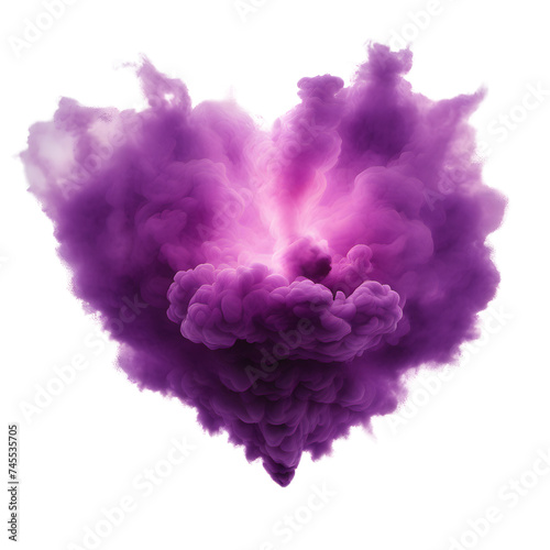 Purple heart shaped smoke on a transparent background. A heart shape explosion
