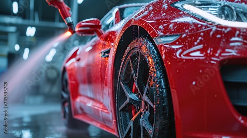 Automotive Detailer Washing Away Smart Soap and Foam with a Water High Pressure Washer. Red Performance Car Getting Care and Treatment at a Professional Vehicle Detailing Shop. photo
