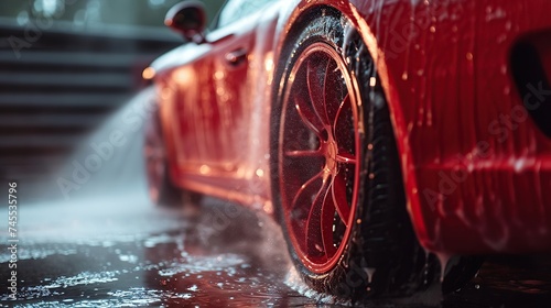 Automotive Detailer Washing Away Smart Soap and Foam with a Water High Pressure Washer. Red Performance Car Getting Care and Treatment at a Professional Vehicle Detailing Shop. © Naknakhone