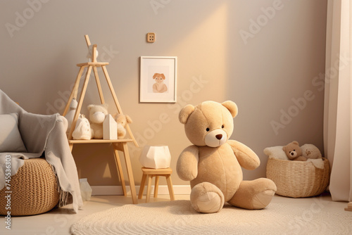 Cheerful 3D-rendered teddy bear toy in a cozy nursery, exuding warmth and comfort for young children