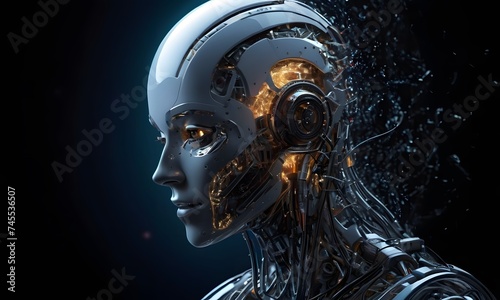 A portrait of a futuristic robot, revealing a complex blend of mechanical components and circuits against a dark backdrop. AI Generated