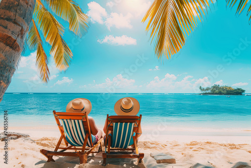 Beach summer couple on island vacation holiday relax in the sun on their deck chairs on the tropical beach. Idyllic travel background © Emanuel