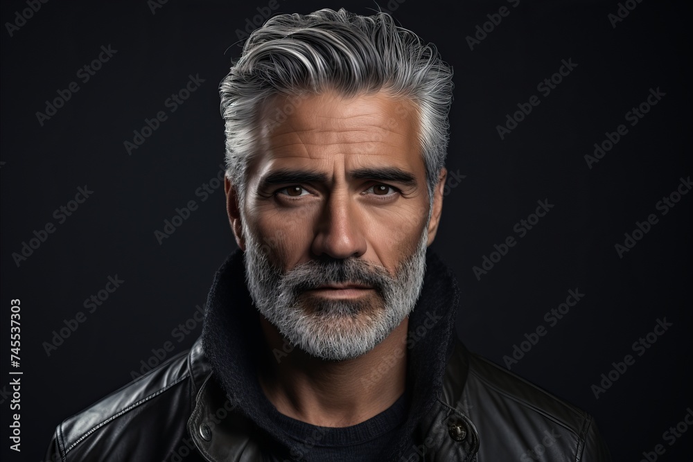 Portrait of a serious mature man in a leather jacket. Men's beauty, fashion.