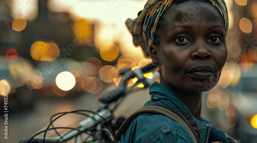 Mulher caminhando com bicicleta nos ombros em frente à paisagem urbana desfocada photo