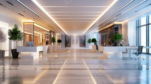 Office space design, modern minimalist style. Plenty of space and requires a high-end feel and wide viewing angles. Large areas of the ceiling and walls are white © Дмитрий Симаков