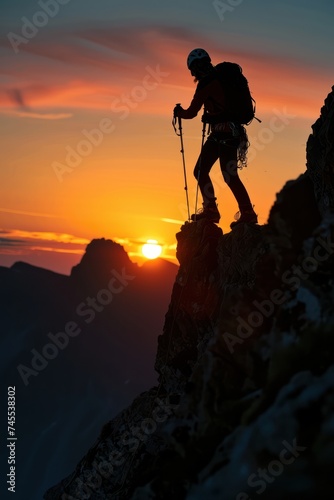 Silhouette of mountaineer on top of a mountain at sunset