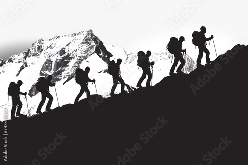 Hiking in Himalayas. Silhouette of a group of tourists