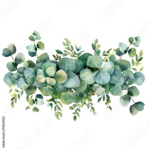 Watercolor of green floral banner with eucalyptus leaves on white background