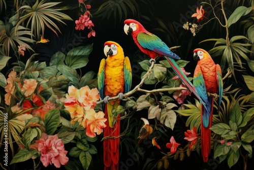 Beautiful tropical parrots. Wildlife birds. Generate Ai photo