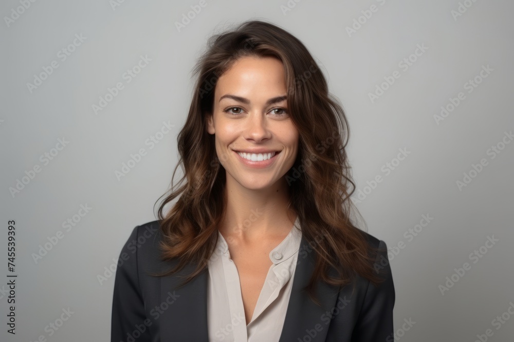 Portrait of a smiling businesswoman looking at the camera over grey background Portrait of a smiling businesswoman looking at the camera over grey background