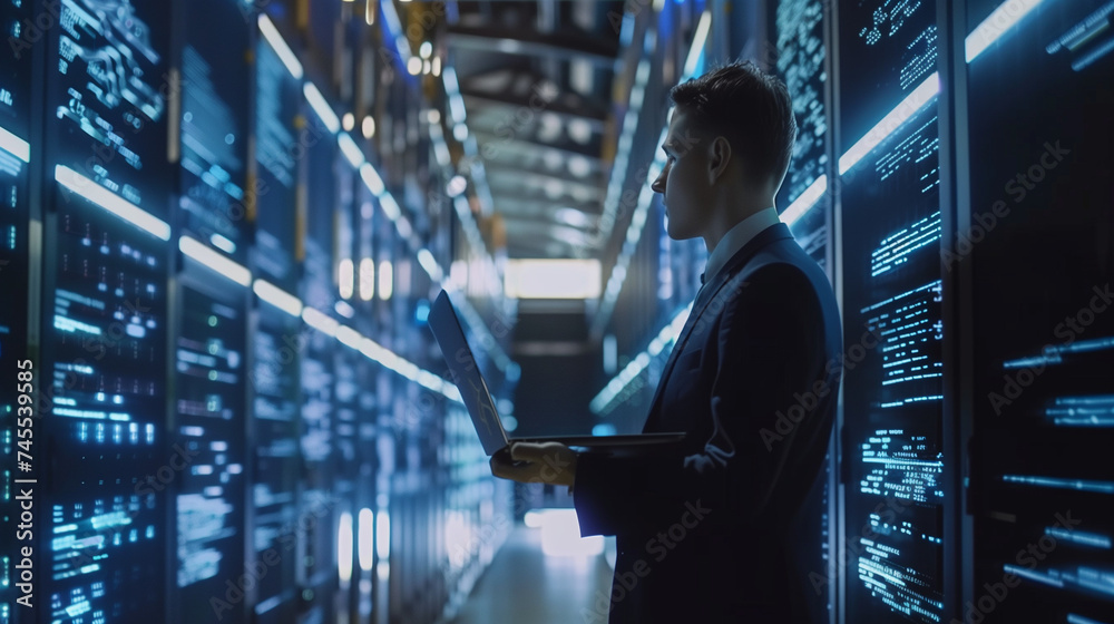 Fototapeta premium Data Center Chief Technology Officer Holding Laptop