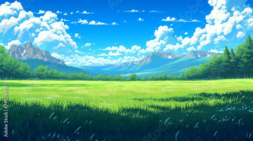 ピクセルアートスタイルの青空と草原 photo