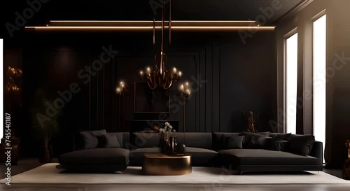 Modern dark style interior living room with luxury sofa photo
