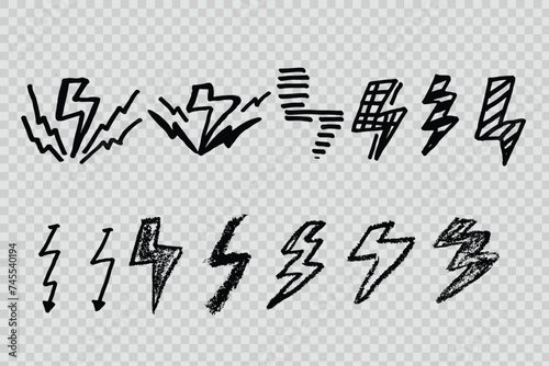 collection of hand drawn symbols of lightning, lightning, energy, power, lightning doodles in vector
