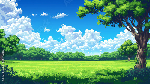 ピクセルアートスタイルの青空と草原