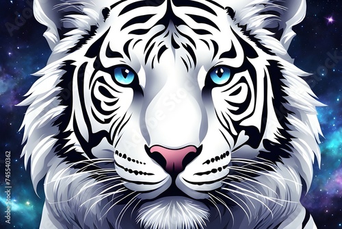 Majestic white tiger illustration with piercing blue eyes on a cosmic starry background. Generative ai
