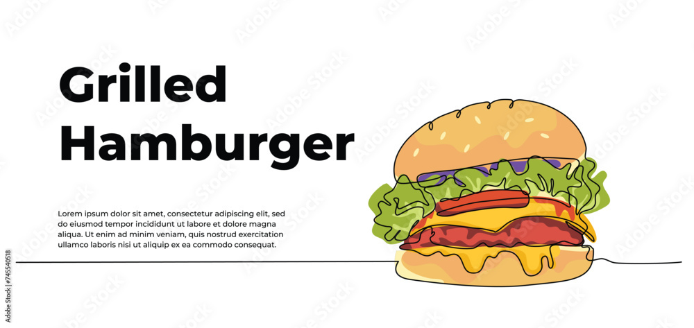 Burger one continuous line design. Decorative elements drawn on a white background. Burger one continuous line design. Decorative elements drawn on a white background.