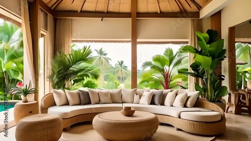 Modern bright style interior living room with minimalist sofa and tropical plants