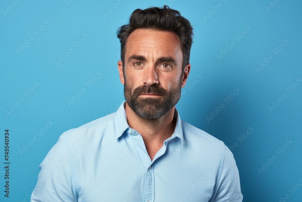 Portrait of handsome bearded man in blue shirt on blue background. Portrait of handsome bearded man in blue shirt on blue background.