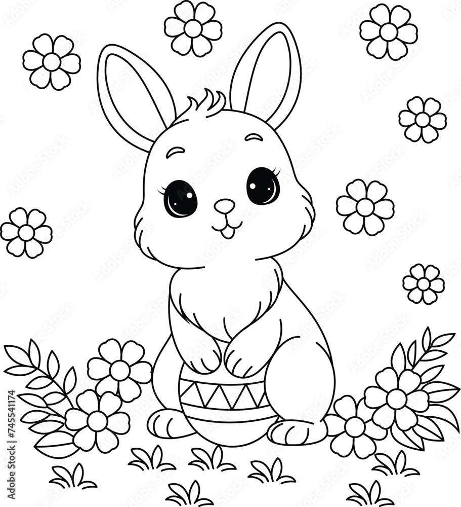 Kawaii easter bunny with painted eggs coloring page for kids