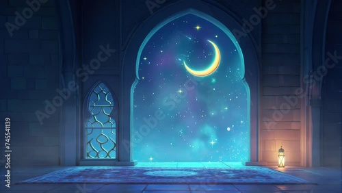ramadan eid mubarak with paper mosque window with stars and islamic lantern with glitter