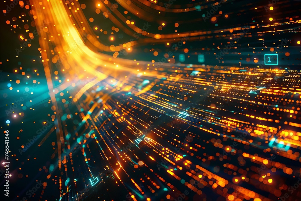 Fototapeta premium Abstract background with dynamic neon lines and bokeh lights Illustrating high-speed data transfer and futuristic technology