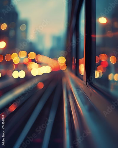 view from train window in motion blur with bokeh background. vintage filtered.