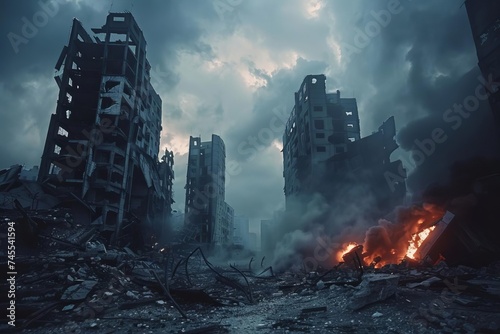 Apocalyptic cityscape with ruins and fire Dramatic and dystopian concept