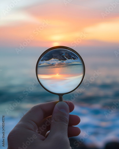 Magnifying glass in hand on a background of the sea and sunset