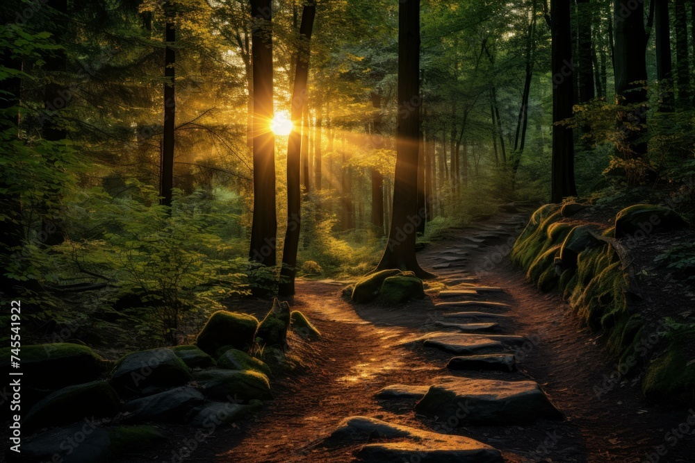 Fototapeta premium Path mountain light route. Forest green. Generate Ai