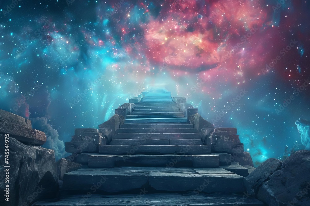 Celestial journey A surreal path among the stars leading to the cosmic gates Metaphor for exploration and discovery - obrazy, fototapety, plakaty 
