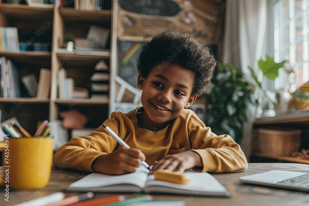 Cheerful african american schoolboy doing homework Symbolizing education Diligence And the joy of learning at home - obrazy, fototapety, plakaty 