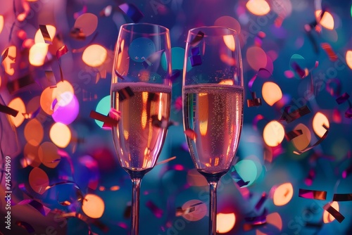 Champagne glasses with confetti and lights Festive celebration and party concept Elegant and joyful