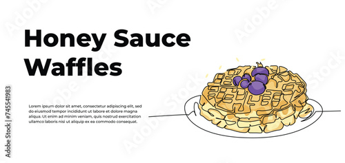 Waffle one continuous line design. Restaurant food menu design concept. Decorative elements drawn on a white background.