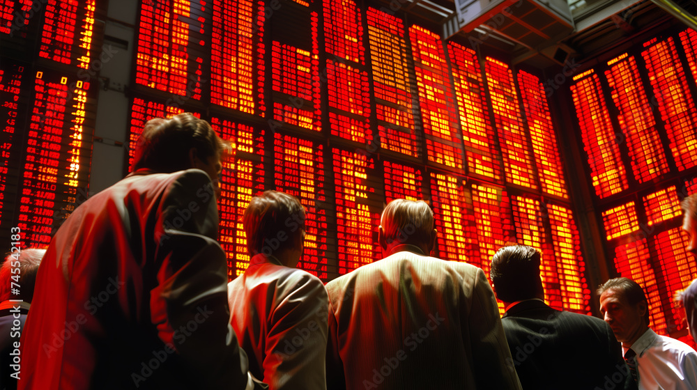 Crowd of people watching the screen of stock market with red numbers. Global financial recession concept