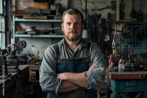 Confident auto mechanic standing with arms folded in a well-equipped workshop Surrounded by automotive tools and equipment