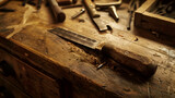 Old carpentry tools on a wooden table. Selective focus.