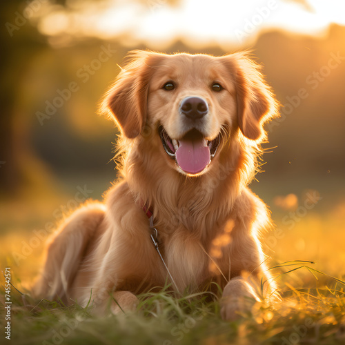 Candid Moment: A Playful Golden Retriever Basking in Warm Sunlight on a Lush Green Field