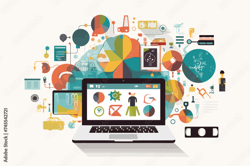 Data analytics business marketing metrics target company growth research data analytics. big monitor people team working project icons graphs magnifying Data analytics business marketing metrics target company growth research data analytics. big monitor people team working project icons graphs magnifying